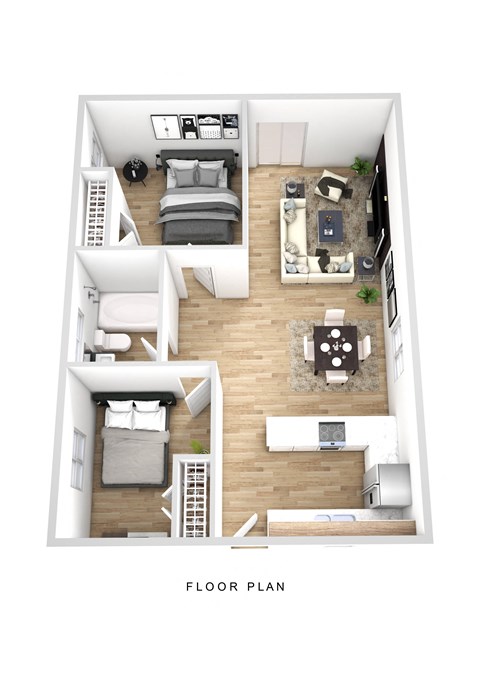 Floor plan for 2 beds, 1 bath, 1100 sqft